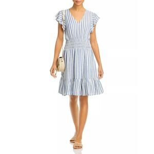 Rails Tara Echo Stripe Blue Linen Blend Dress Women's Small Smocked Nautical